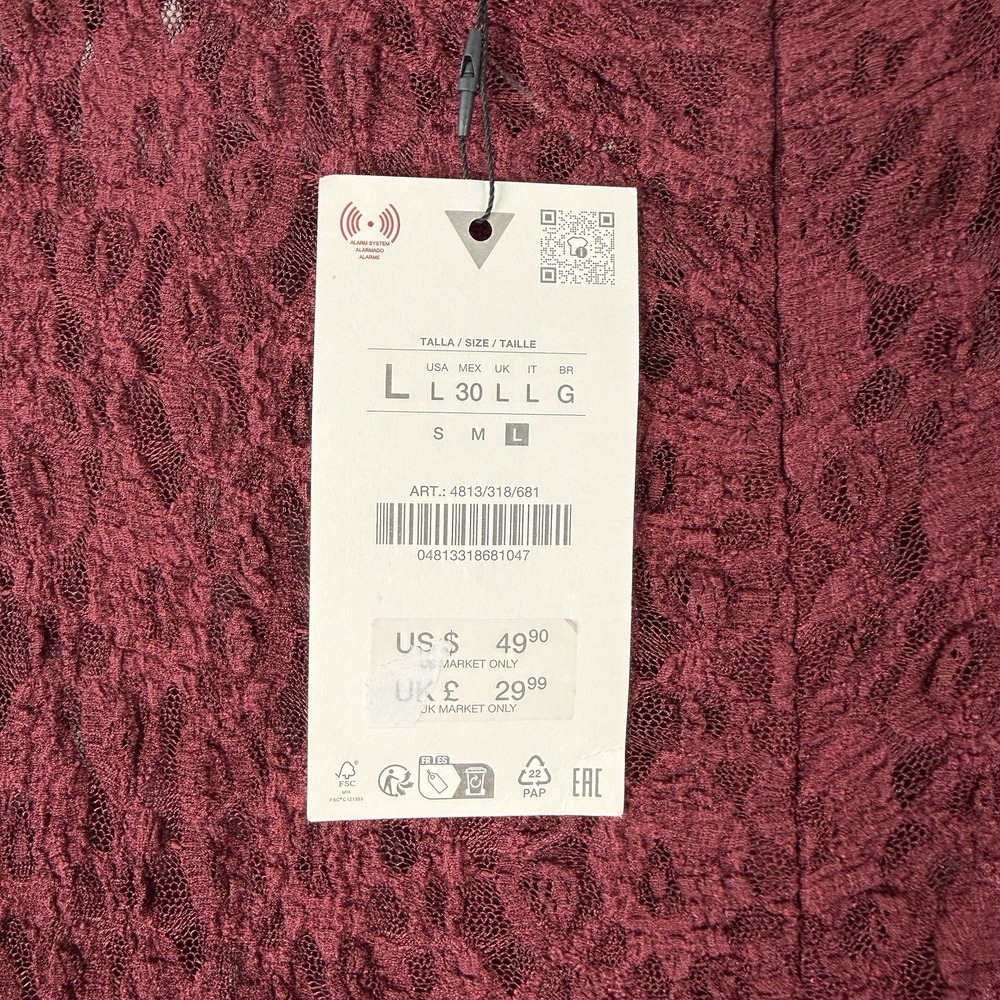 NWT Zara Maxi Dress Asymmetrical Maroon Women's Large Sheer Long Sleeve - Picture 6 of 8